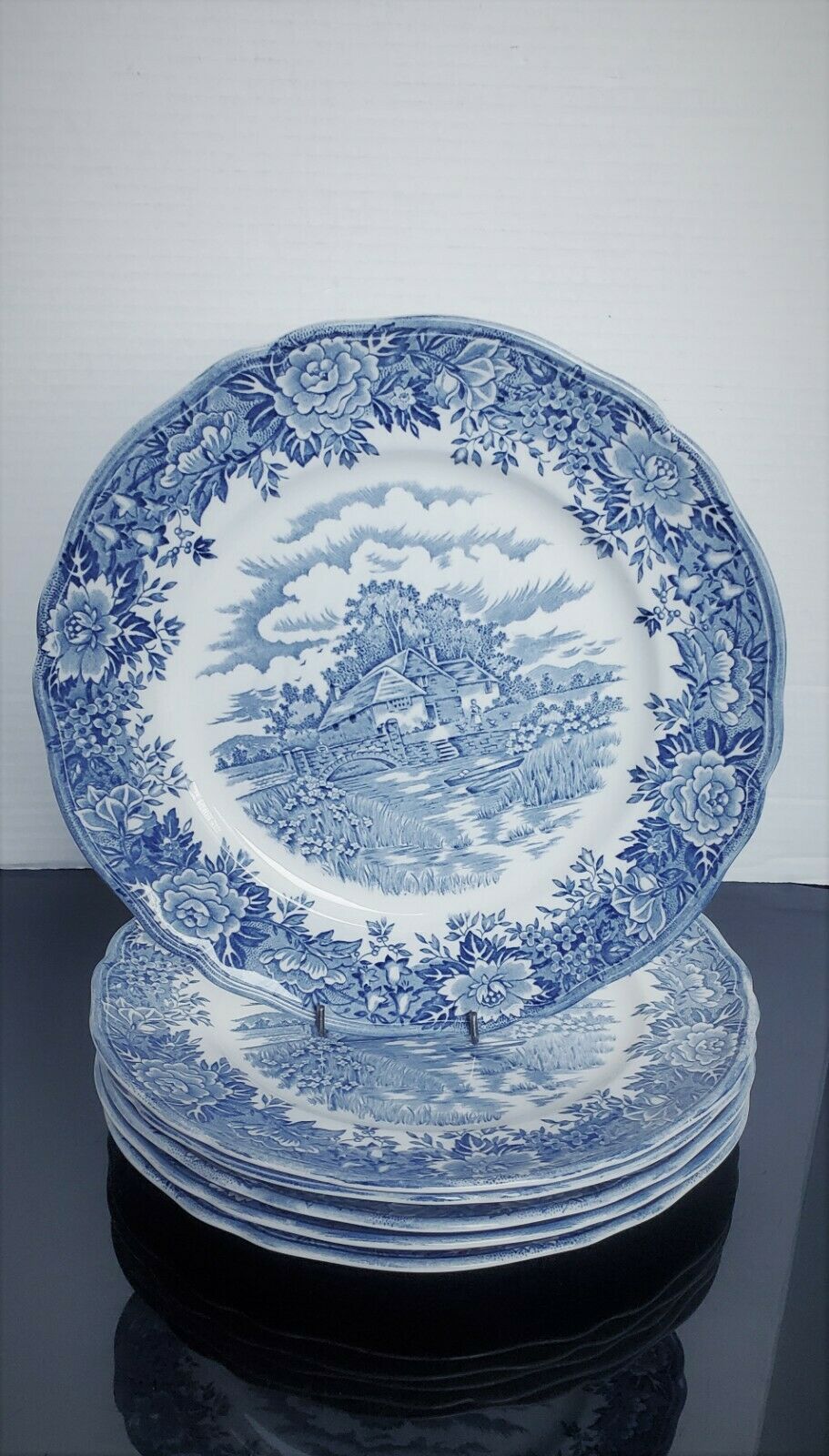 Lot Of 6 ~ Salem China Blue English Village Olde Staffordshire Dinner Plates