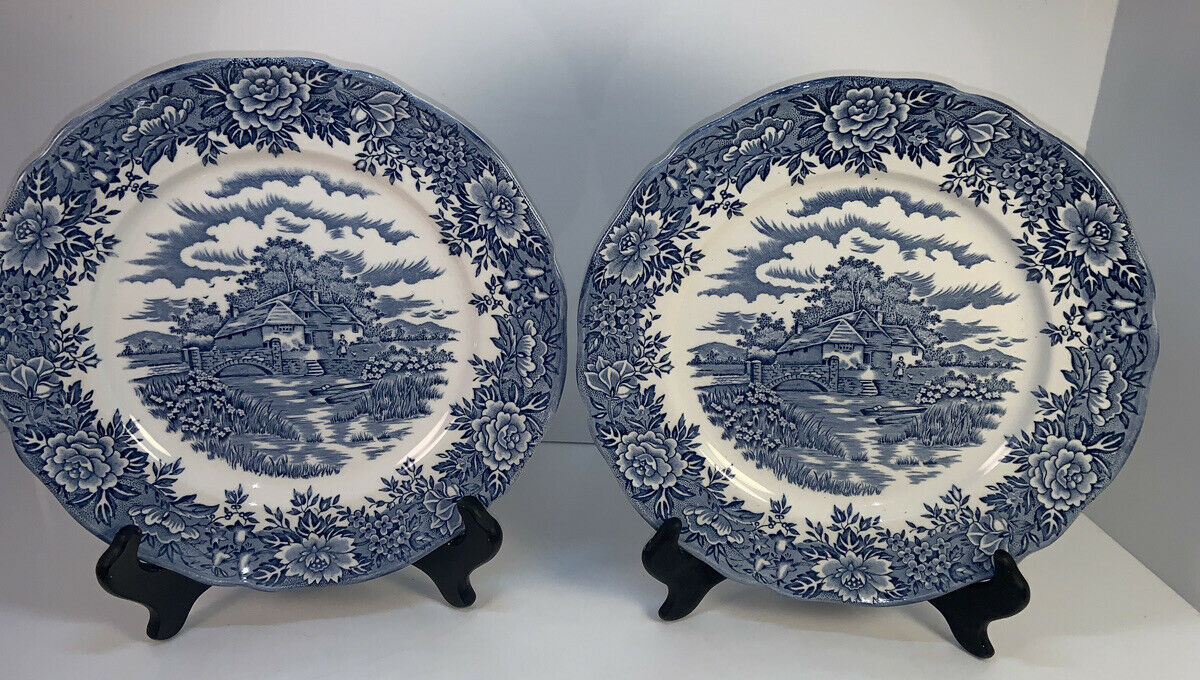 2 Blue English Village By Salem China Co. Olde Staffordshire Dinner Plate 10"