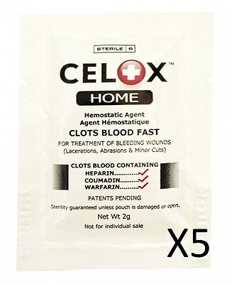 Celox Home 2g Five Pack Stops Bleeding Fast Wound Trauma Bandage First Aid Kit