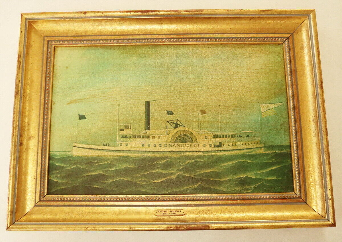 Framed Antonio Jacobsen Facsimile Painting on Canvas Paddlewheeler Nantucket
