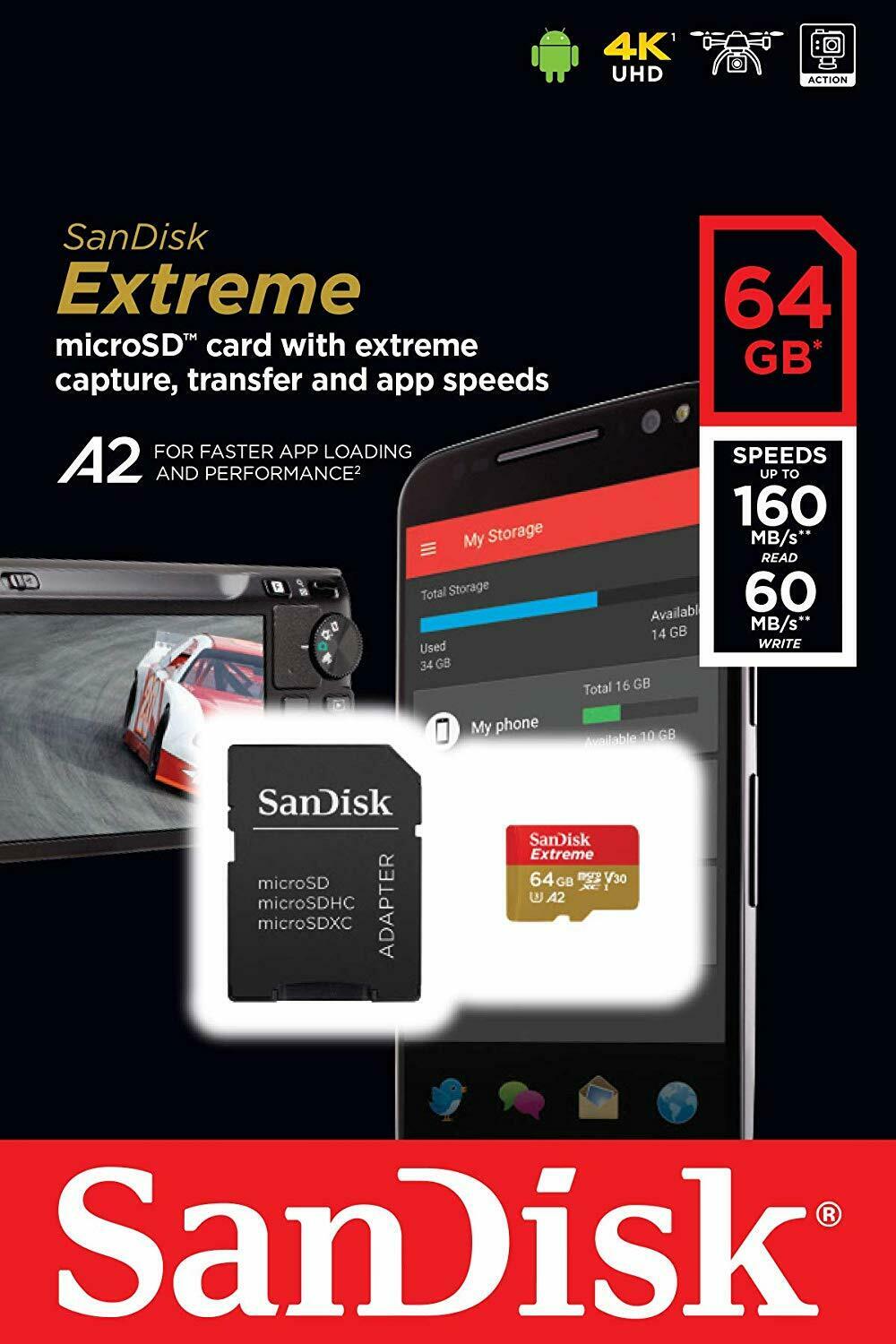 Sandisk 64gb Microsdxc Extreme 160mb/s A2 4k U3 V30 64g Sd Microsd Card Sdsqxa2