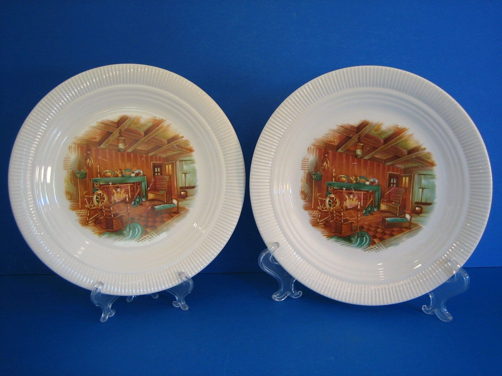 Colonial Fireside Fireplace Log Cabin 2 Luncheon Plates by Salem China Vintage